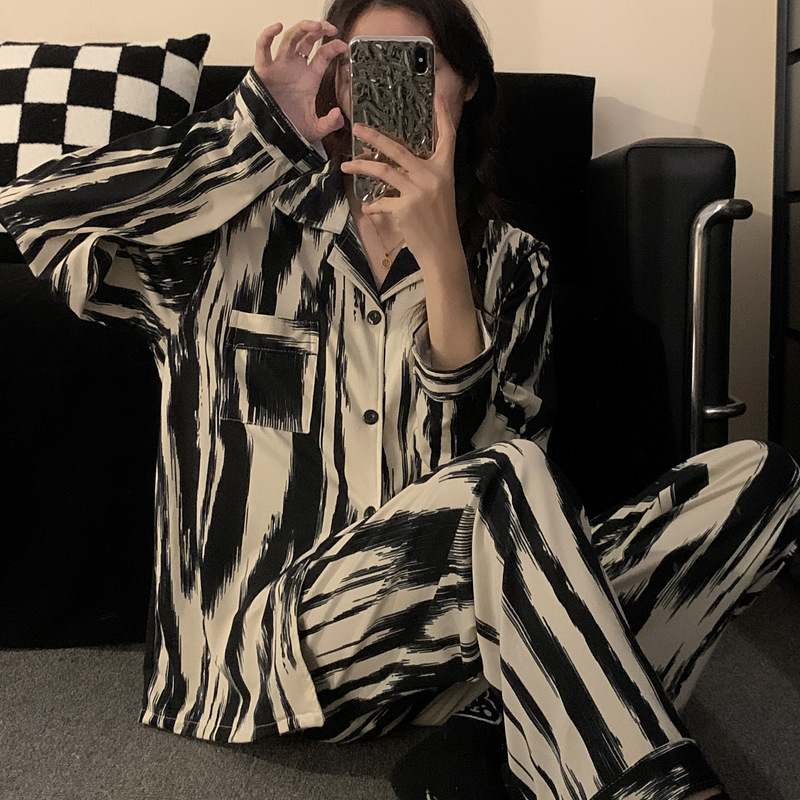 批发情侣睡衣春秋长袖长裤套装2023厂家新款水墨条纹家居服可外穿详情7