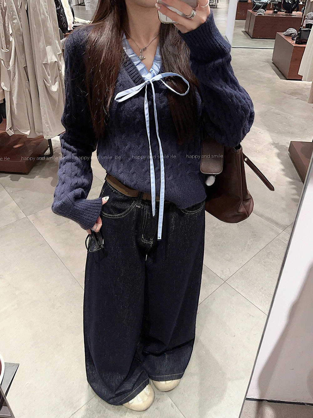 韩系学院风设计感假两件长袖毛衣针织衫女冬季蓝色温柔风修身上衣详情17