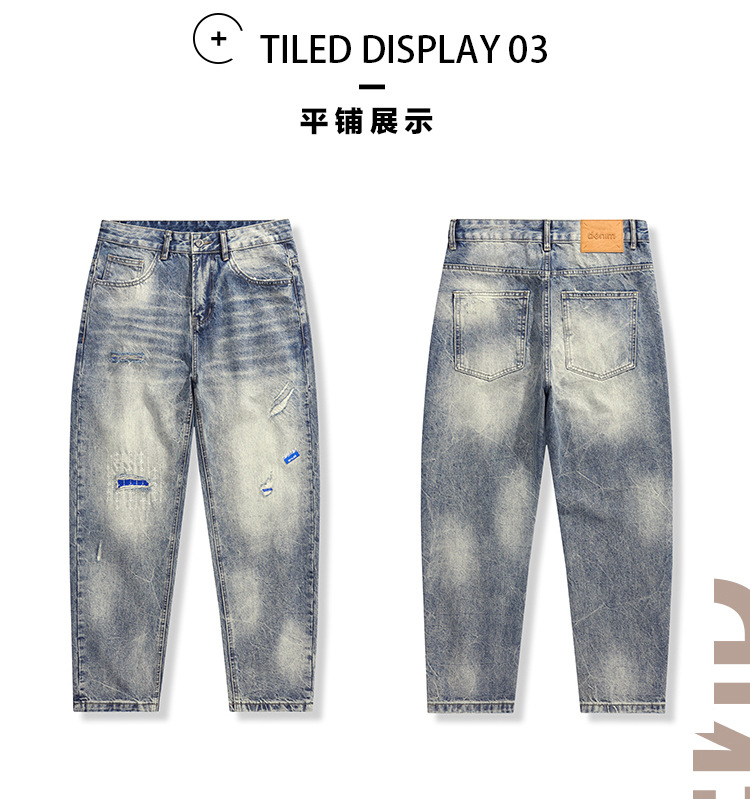 美式复古破洞牛仔裤男宽松直筒潮牌重磅水洗刺绣时尚哈伦男装长裤 男士时尚牛仔裤详情5