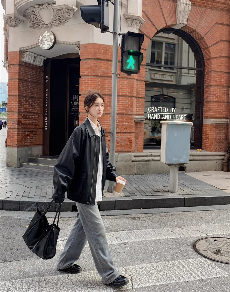 美拉德皮衣美式甜酷穿搭棕色皮衣外套防风宽松美式复古机车服夹克详情13