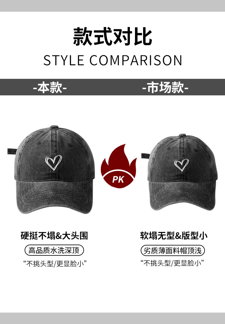 Washed denim baseball cap for women, retro and versatile to show off your face, small heart-shaped baseball cap, big head, wide brim, grey hat pic 4