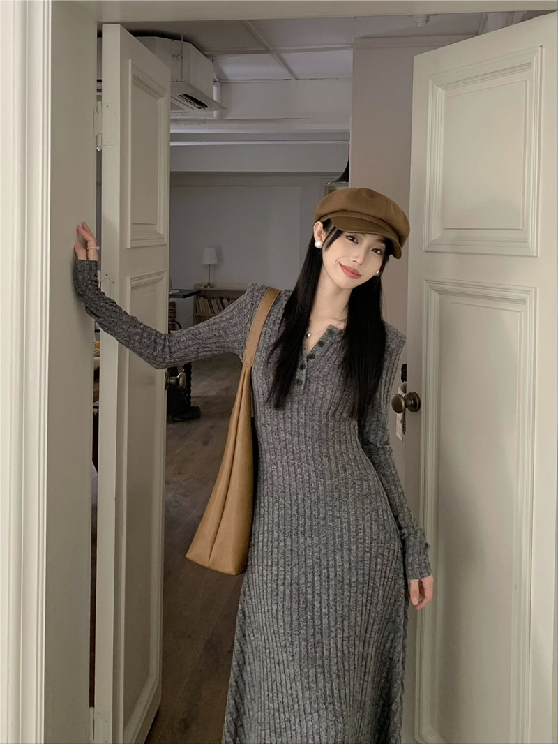 Retro, simple and versatile knitted long-sleeved dress for women, spring waist-cinching and slimming A-line dress, new autumn and winter base long dress pic 39