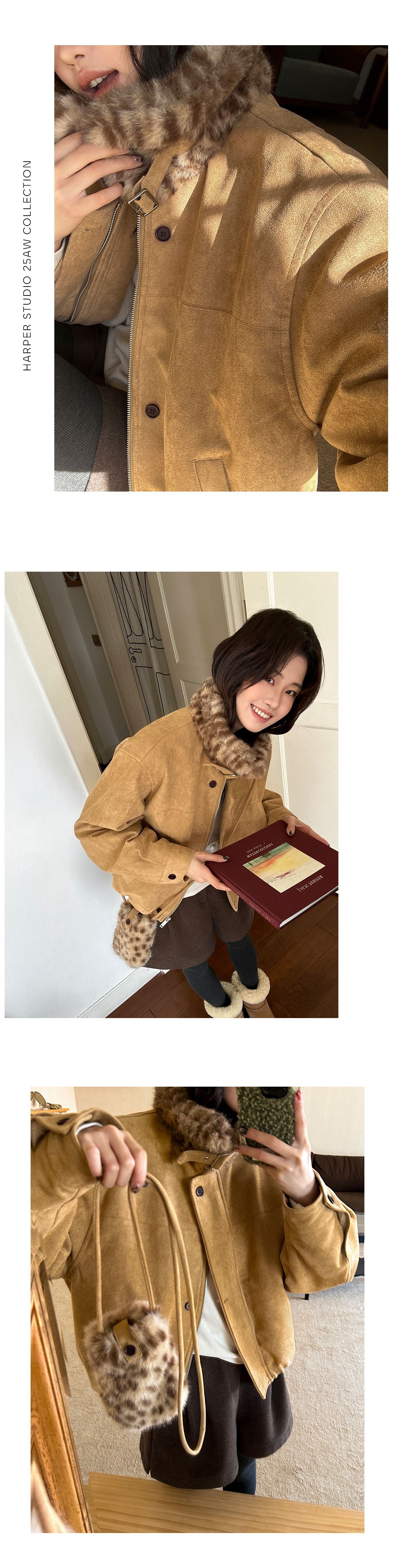 高级感麂皮拉链短款外套女冬季新款豹纹毛毛领宽松百搭保暖大衣详情8
