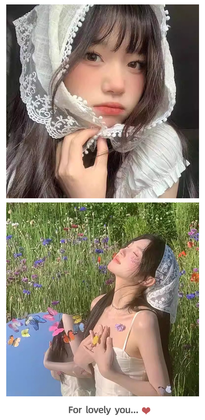 French retro knitted handmade lace triangular scarf, sweet and elegant artistic style headscarf, 2025 new style hair band pic 14