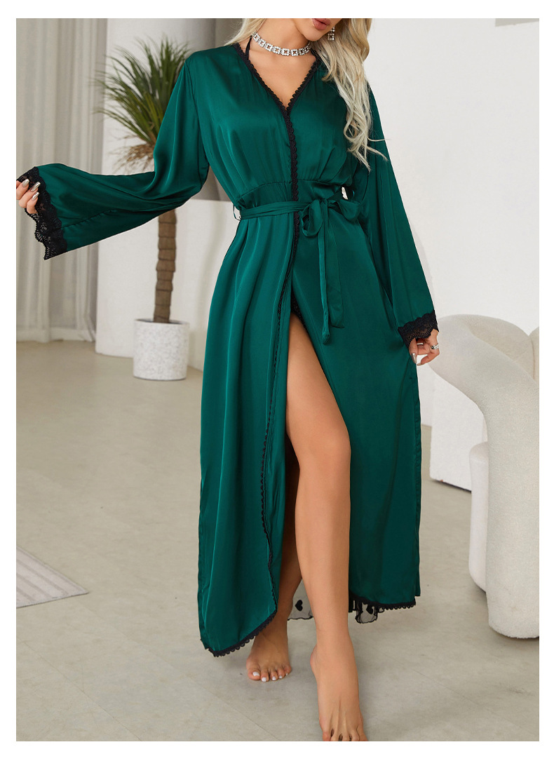 New cross-border light luxury long-sleeved V-neck satin lace patchwork long bathrobe, bathrobe and home wear for women, 657 pic 22