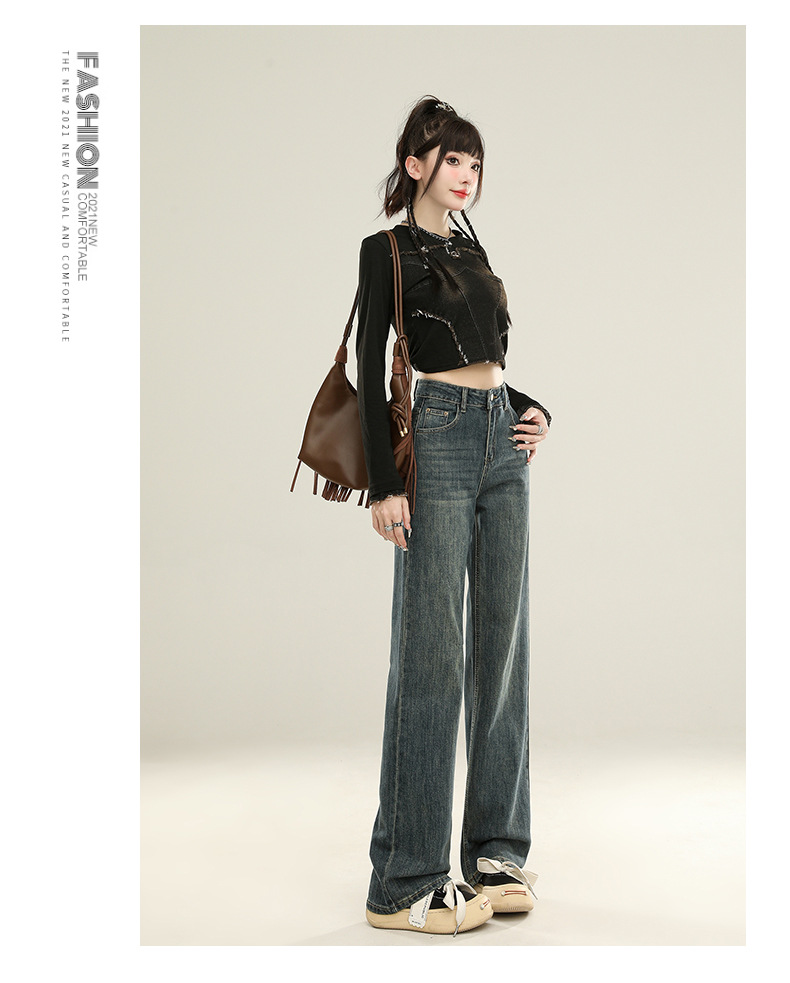 怀旧蓝直筒裤牛仔裤女秋季2025新款高腰显瘦垂感宽松窄版阔腿裤子详情22