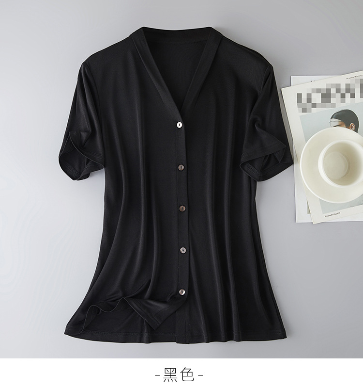 Heavyweight knitted silk V-neck cardigan T-shirt for women, simple and elegant mulberry silk, versatile top, skin-friendly and breathable short-sleeved pic 9