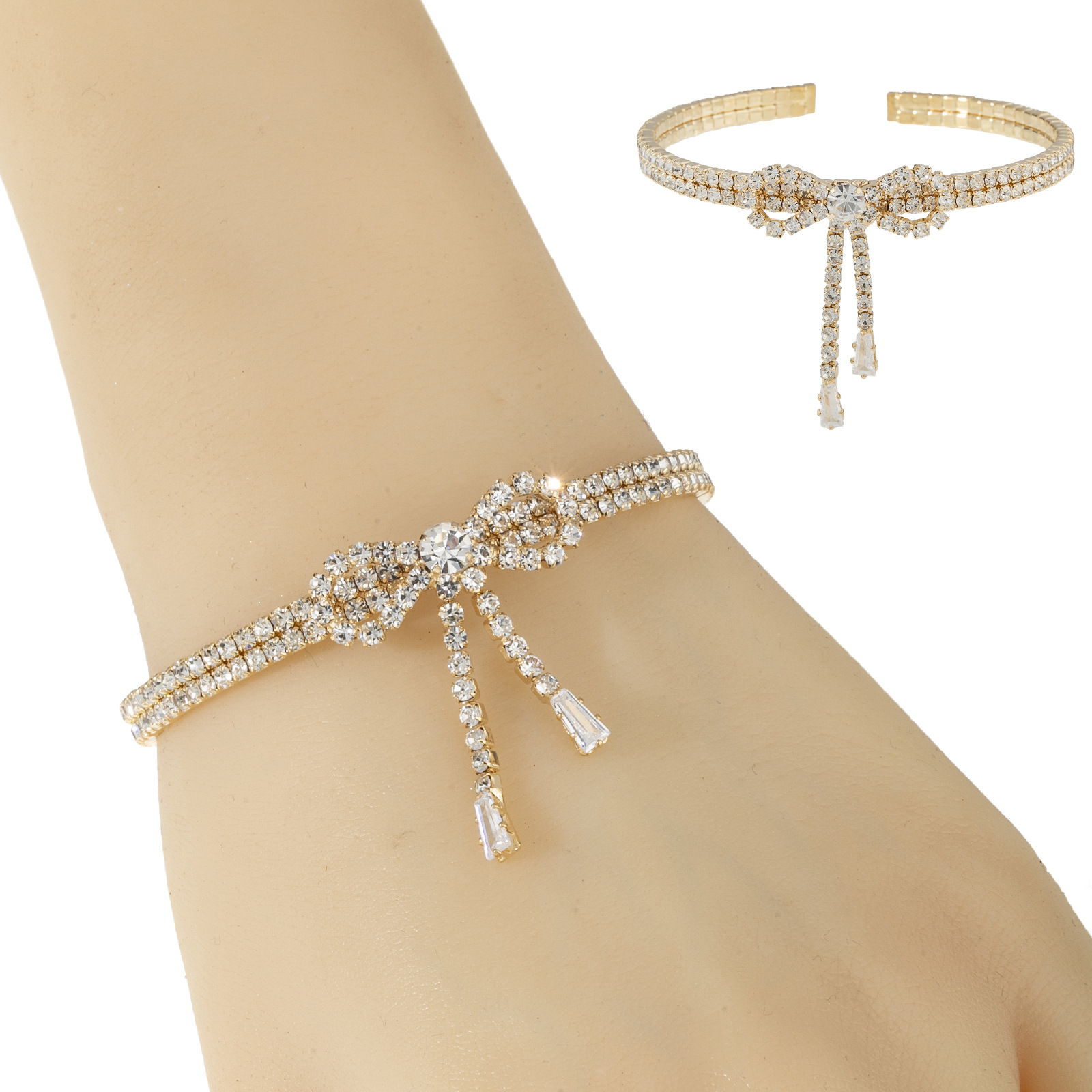 Korean InS-style bow diamond-encrusted bracelet with adjustable tassel opening elasticity, cross-border fashion design sense, rhinestone zircon claw chain pic 6
