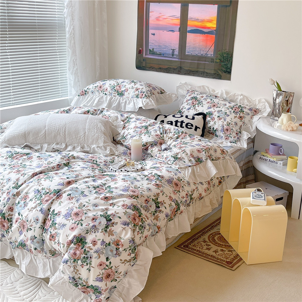 French Hepburn style pure cotton four-piece set, high-end feel, pure cotton black and white sketch flower duvet cover, all-cotton edge bedding pic 34