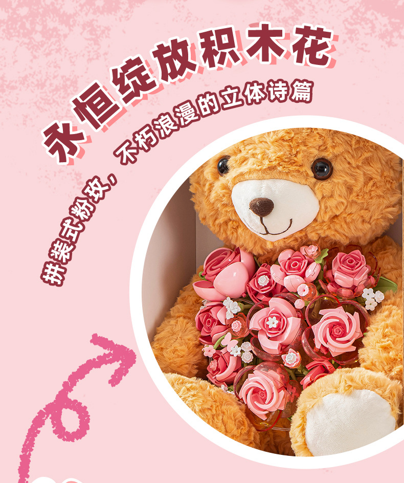 Wild Imagination Building Blocks Bear, Flower Bouquet, Light Gift Box, Gift Assembly Toy pic 5