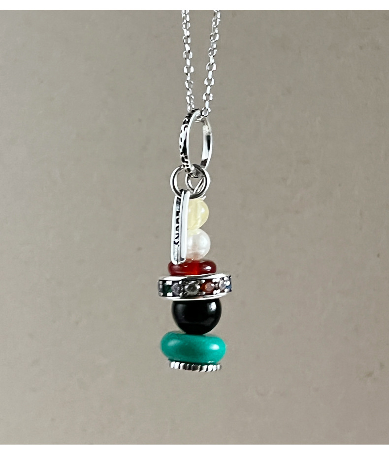 925 sterling silver colored beaded wishing tower pendant, simple, retro, fashionable and individual necklace, suitable for both men and women, N1250 pic 7