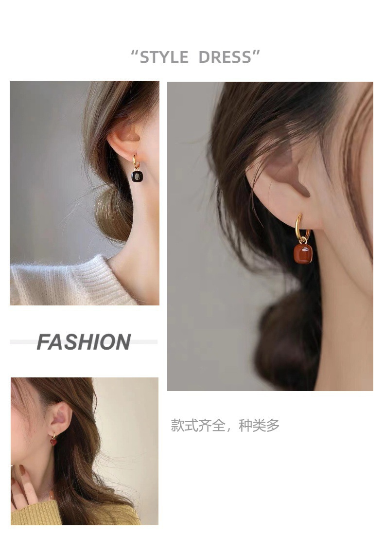 酒红色几何方形耳扣气质耳环女小众设计感复古个性简约时尚百搭耳详情2