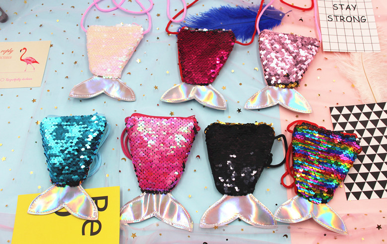 亮片美人鱼挂绳硬币包小钱包儿童斜跨小包鱼尾巴双色亮片零钱包女详情1