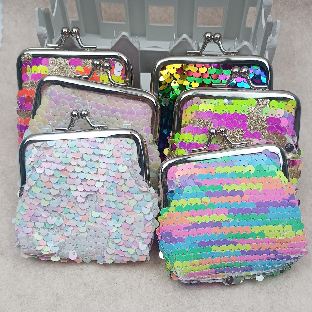 新款3寸双面彩虹亮片零钱包 硬币收纳包 铁扣夹子包 幻彩鱼麟片包详情3