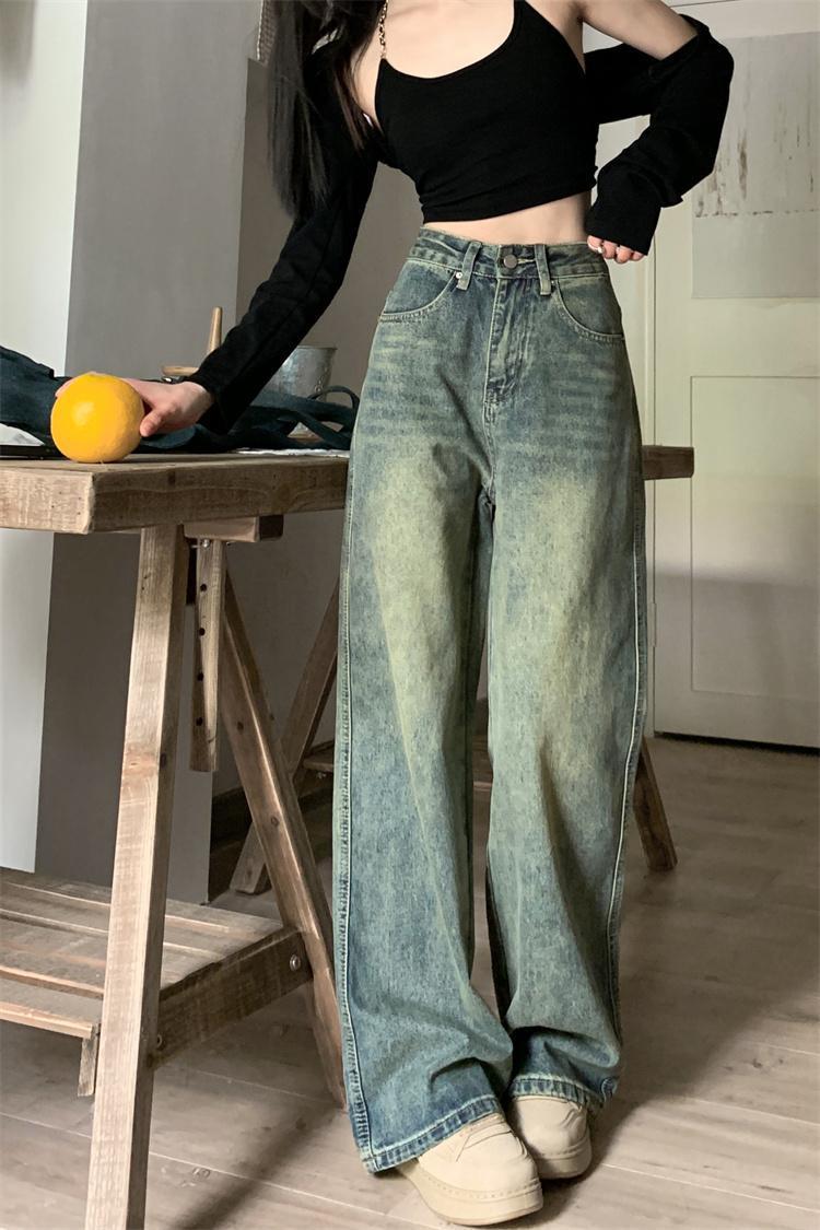 韩版直筒牛仔裤女春秋外穿梨形休闲怀旧复古拖地宽松美式阔腿长裤详情5
