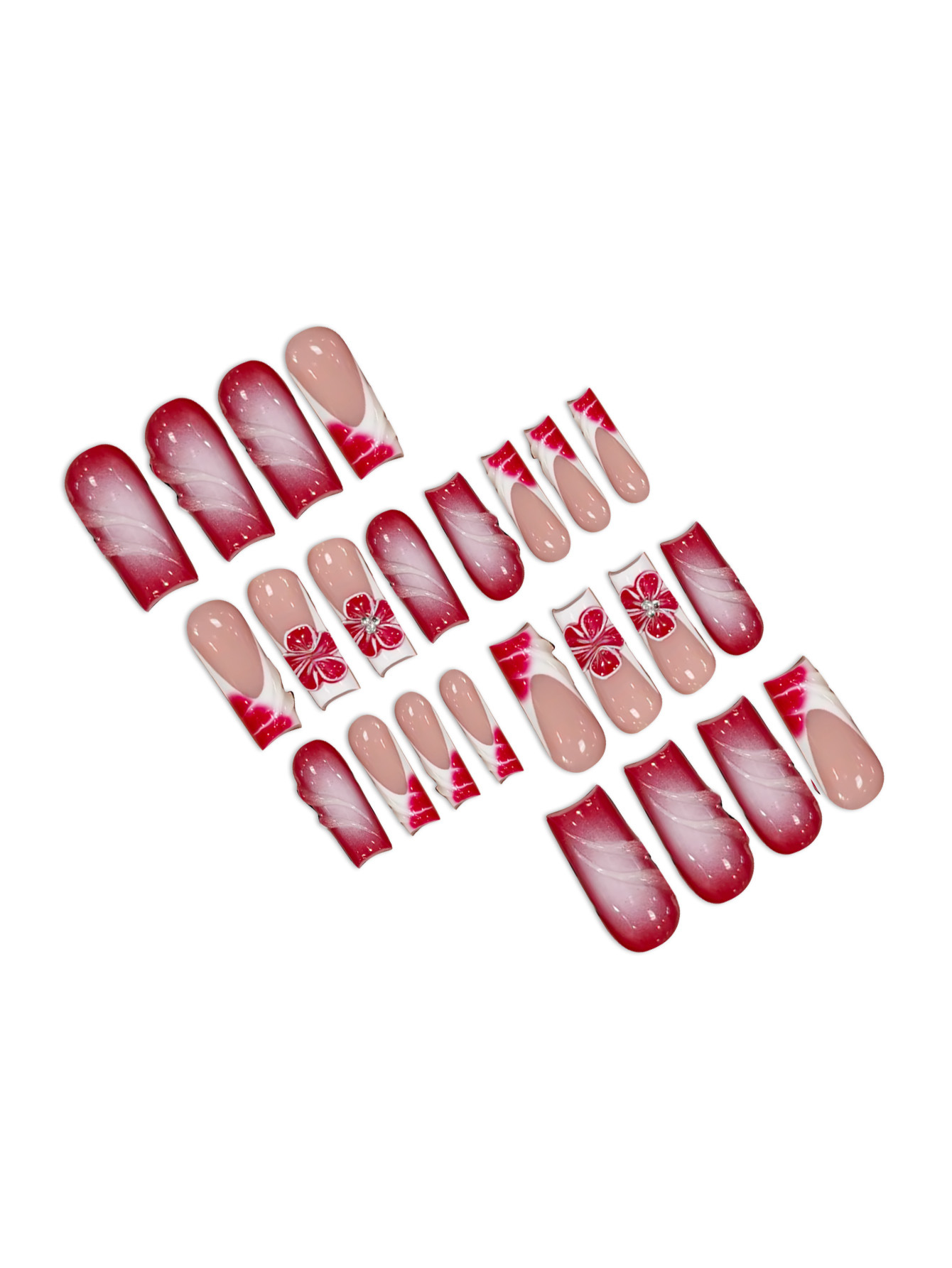 Cross-border bestseller: Wholesale of a set of 24-piece red gradient gradient French 3D flower long pipe nail prosthetics pic 3