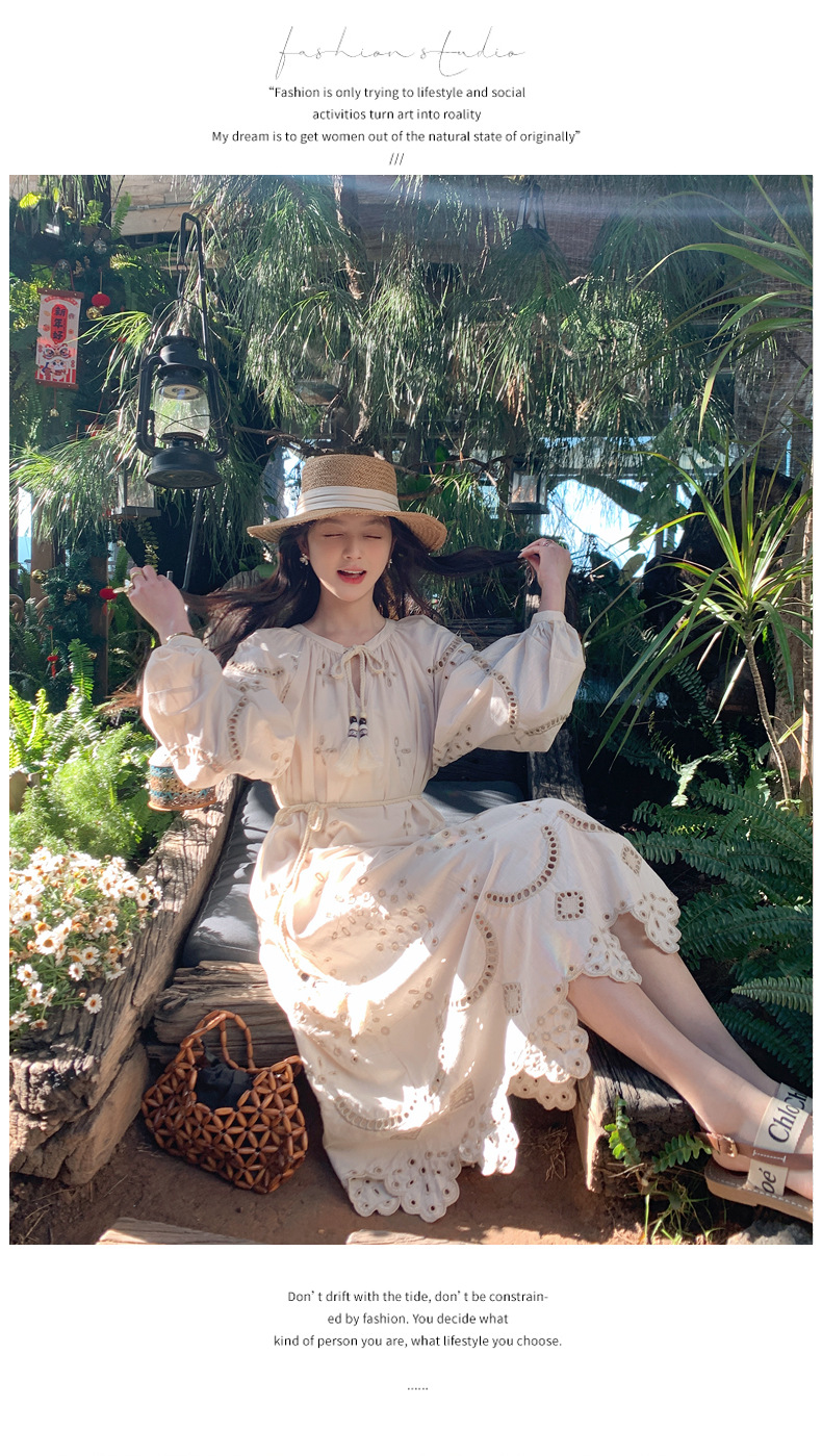 Real photo of a retro, gentle, cut-out embroidered V-neck apricot-colored dress, 2025 new seaside vacation style long-sleeved umbrella dress pic 31