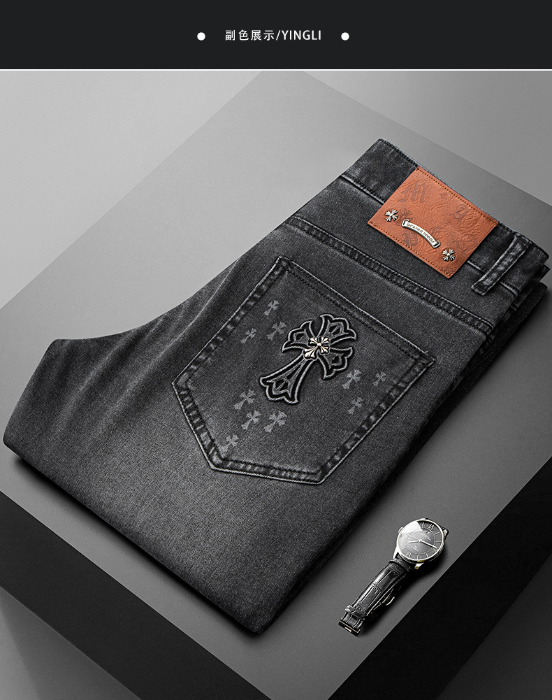 潮牌薄款复古蓝牛仔裤男士夏季高级感潮流修身直筒弹力休闲长裤男详情5