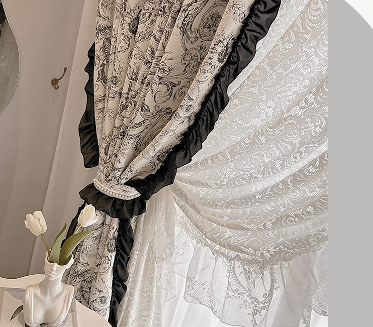 Finished product of French retro Chenille jacquard black and white American Rococo lace blackout bedroom and living room bay window pic 13