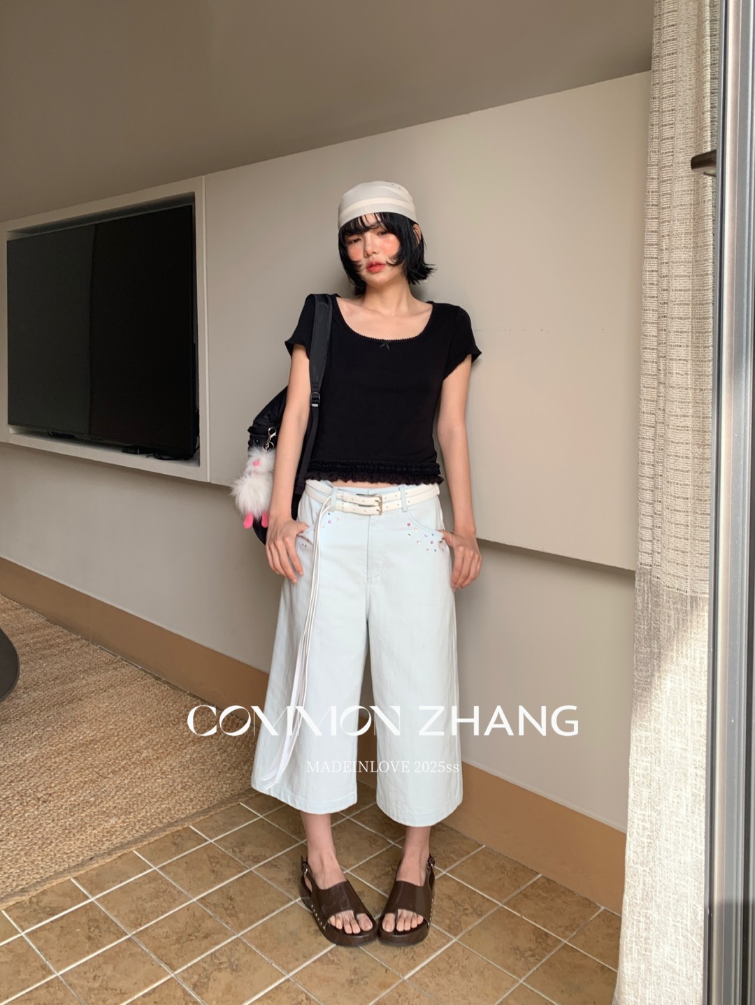 CZ ZHANG夏季韩版少女感减龄蝴蝶结拼接U领纯色天丝短袖T恤B20757详情12