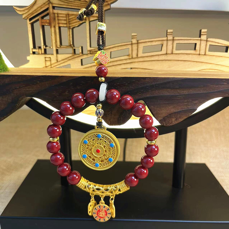 Red rope, ancient method, sand gold, Five blessings complete, cinnabar peace and good fortune, car pendant, blue, Chinese trend, retro pendant pic 2