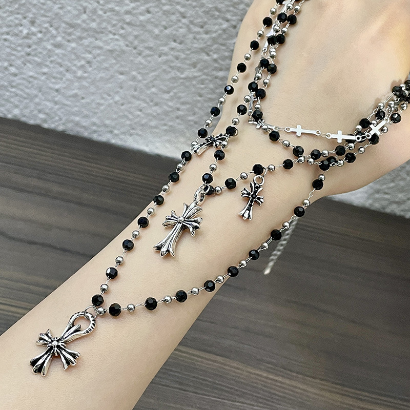 Retro cross-flower pendant black bead necklace, multi-layer layered punk, ins style, high-end collarbone chain, hot girl necklace pic 10