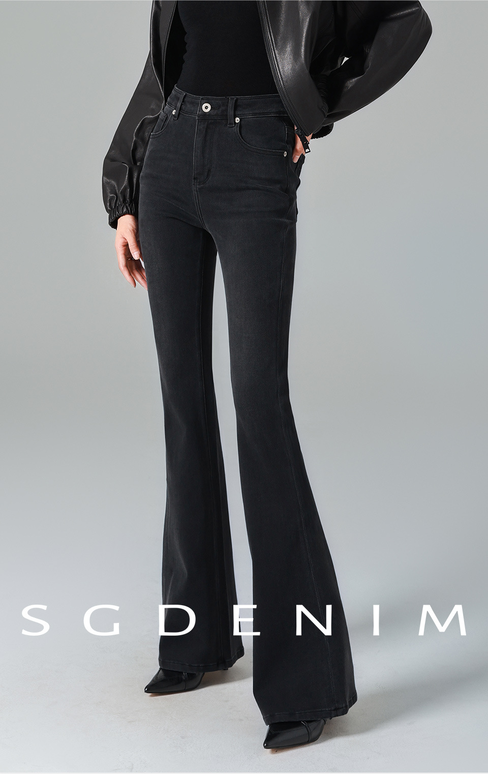 Fleece/black and gray high-waisted Jeans for women, slightly flared, four-sided elastic, slimming, 25 autumn and winter new, lifting the buttocks, tight pic 8