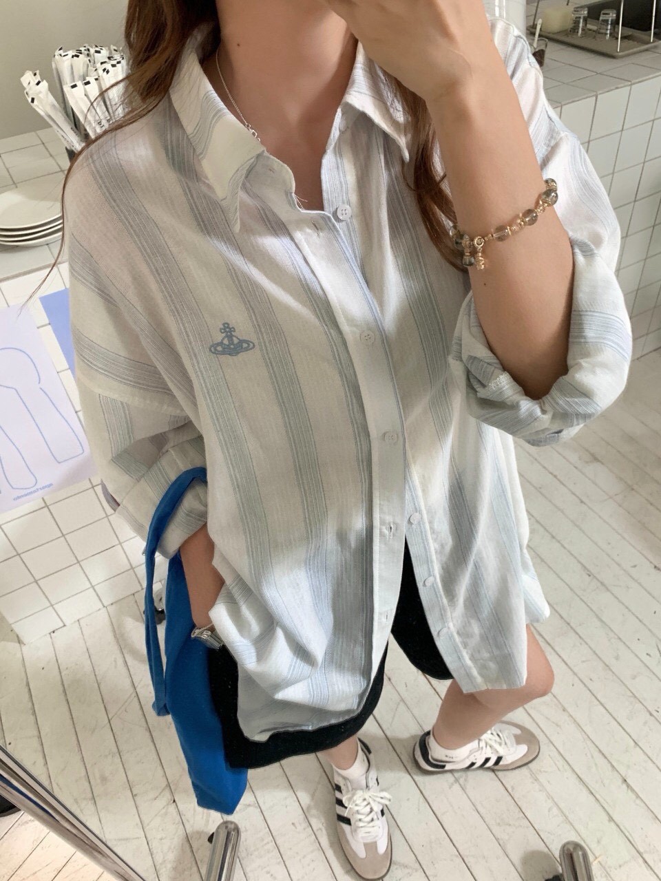 西太后亚麻衬衫土星刺绣竖条纹防晒衬衫女中长款宽松显瘦韩版衬衣详情8