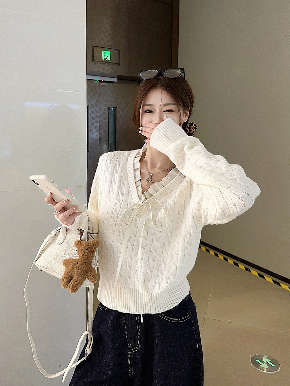 韩系学院风设计感假两件长袖毛衣针织衫女冬季蓝色温柔风修身上衣详情27