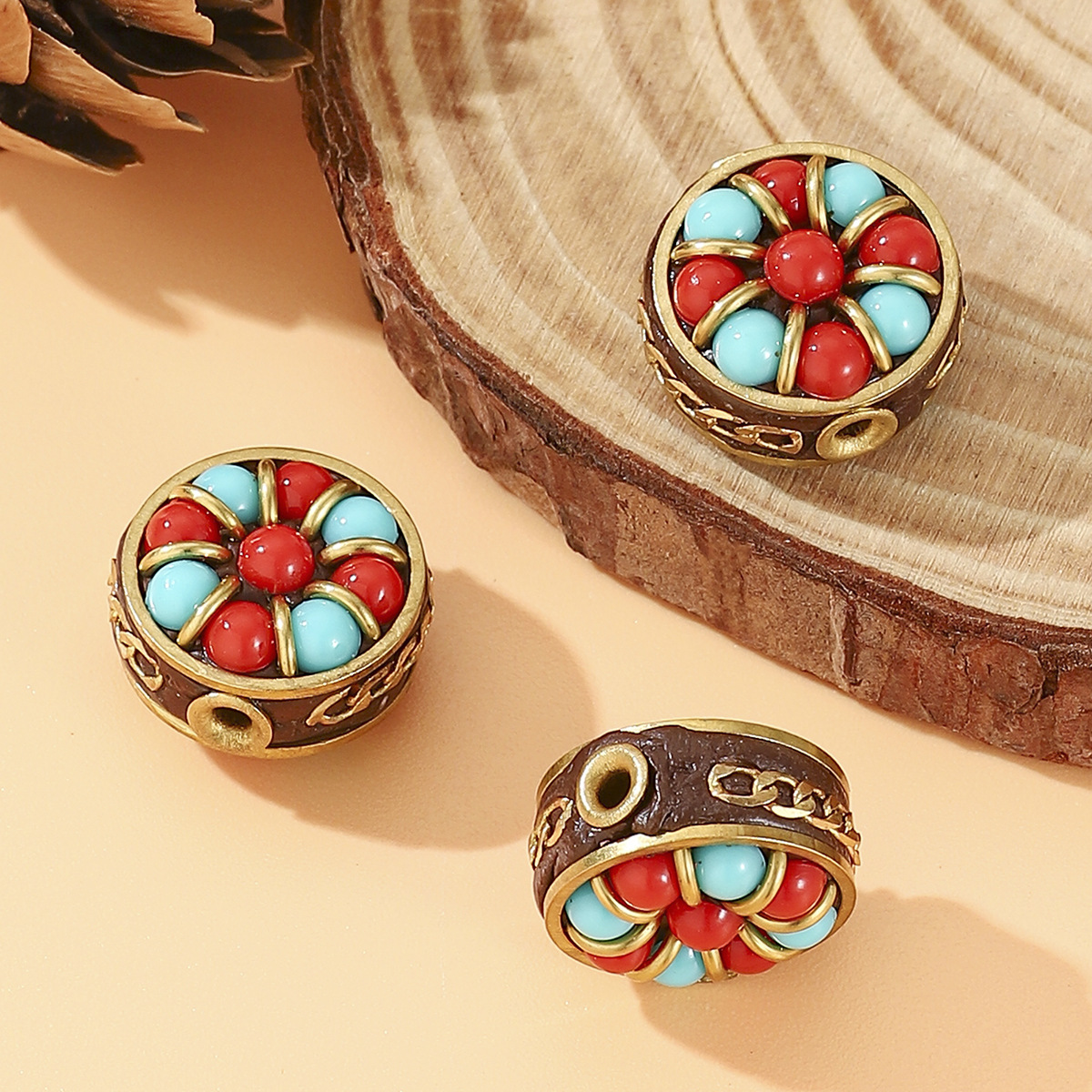 Tibetan-style Nepalese copper beads inlaid with turquoise, retro ethnic style DIY jewelry accessories, bucket beads, waist beads and partition beads pic 3