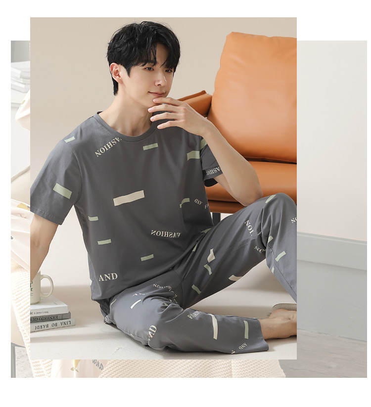 Summer pure cotton pajamas for men, cartoon casual short-sleeved shirts and long pants, pure cotton comfortable home wear, summer youth student set pic 118