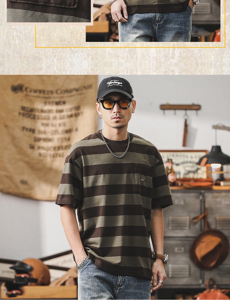 32支双纱平纹纯棉T恤男短袖夏季美式复古重磅宽松大码条纹男体恤详情13