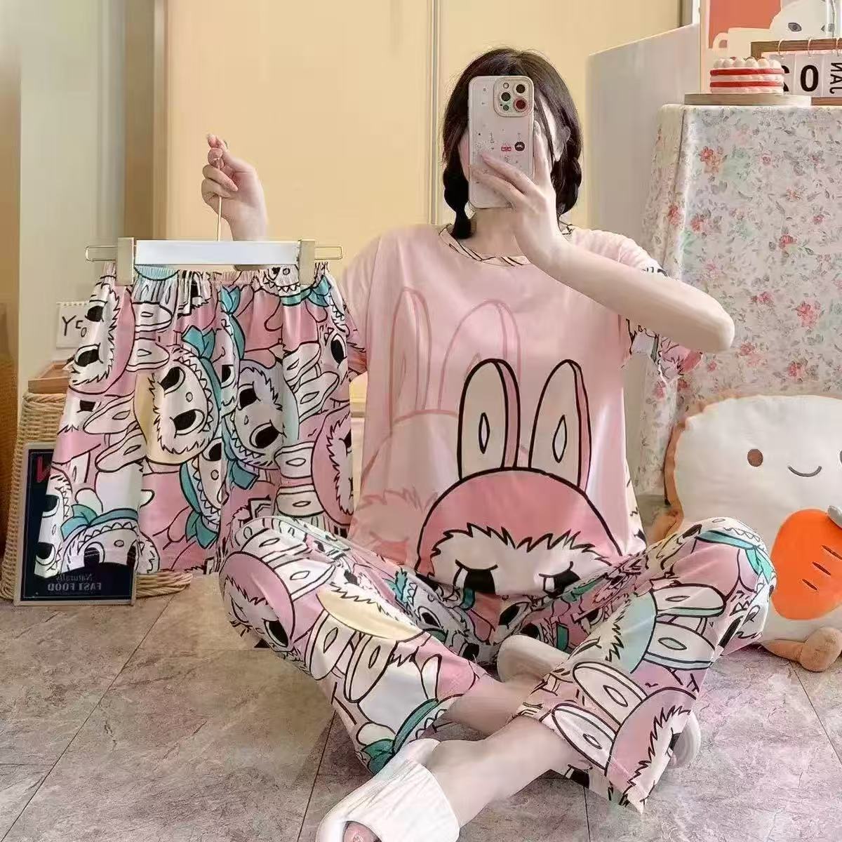 pajamas外贸工厂批发卡通夏季睡衣女短袖大码长裤三件套家居套装详情44