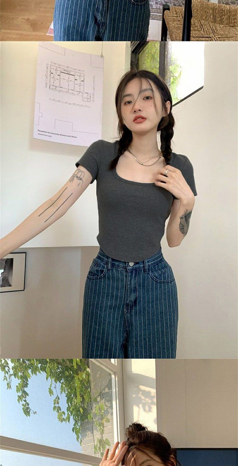 纯欲甜辣妹正肩方领短袖T恤女夏季ins设计感小众百搭显瘦短款上衣详情14