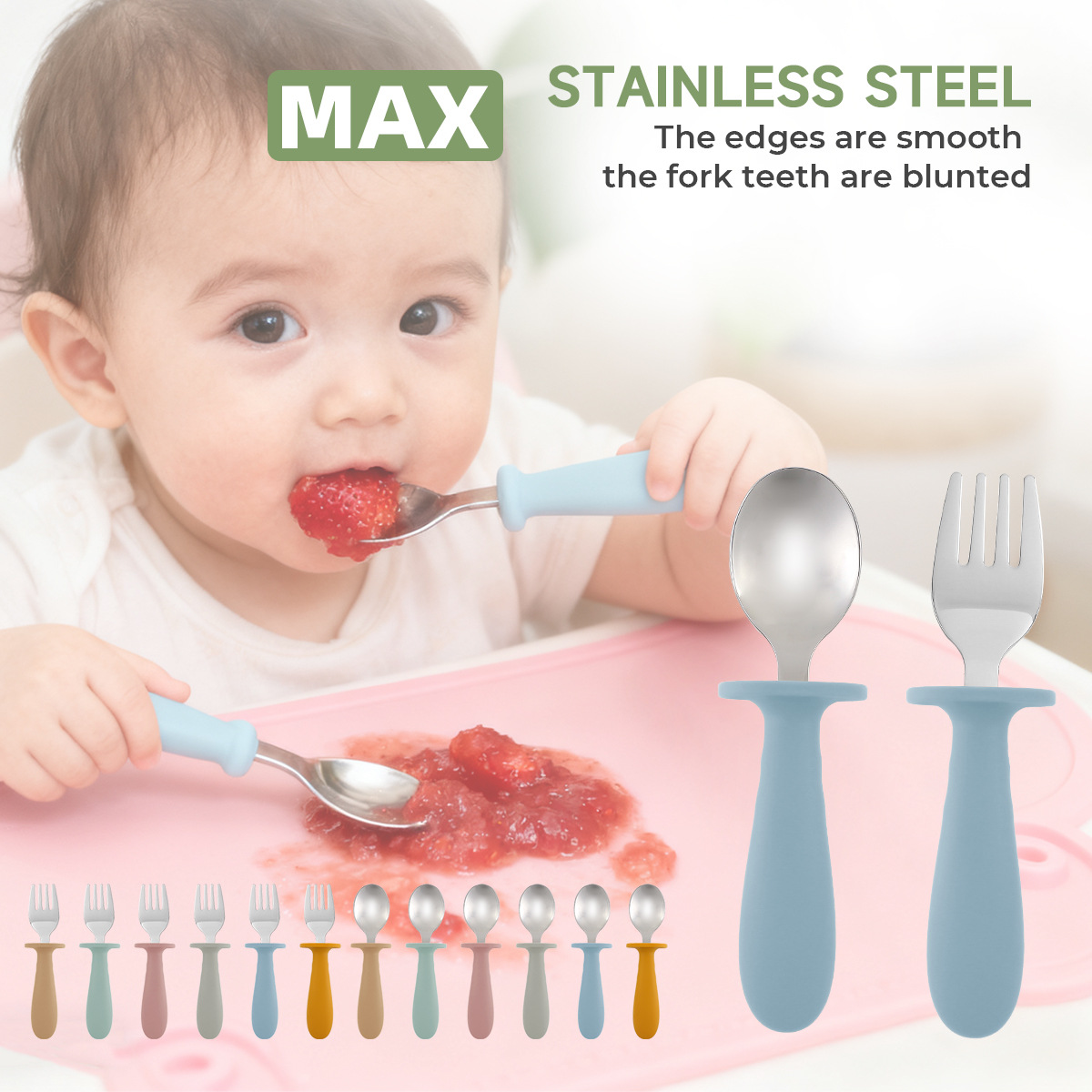 儿童餐具叉勺便携式304不锈钢创意圆柄宝宝吃饭训练喂养勺子叉子详情1