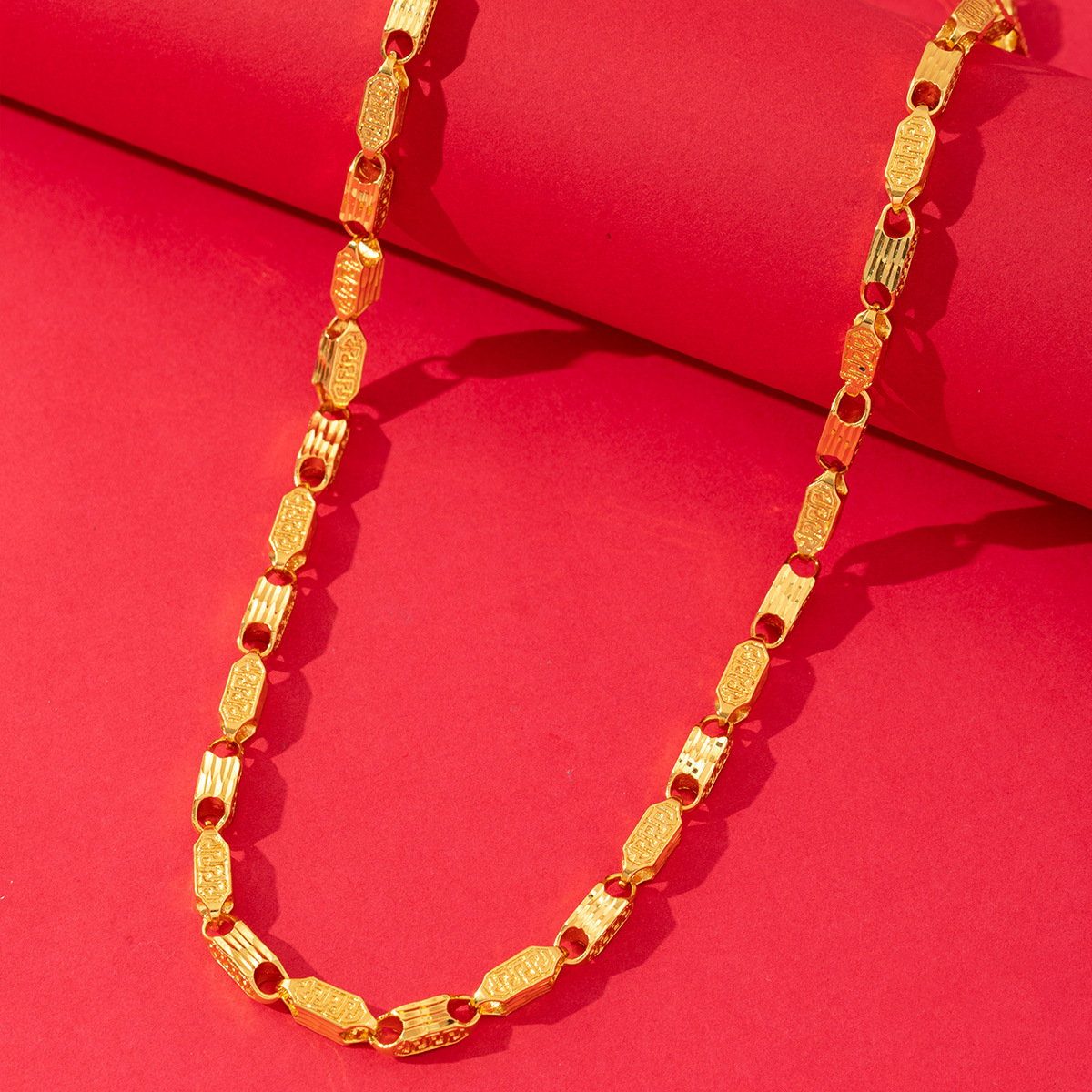 跨境男士铜镀金项链霸气高级感百搭个性车花长条珠回纹批发项链潮详情5