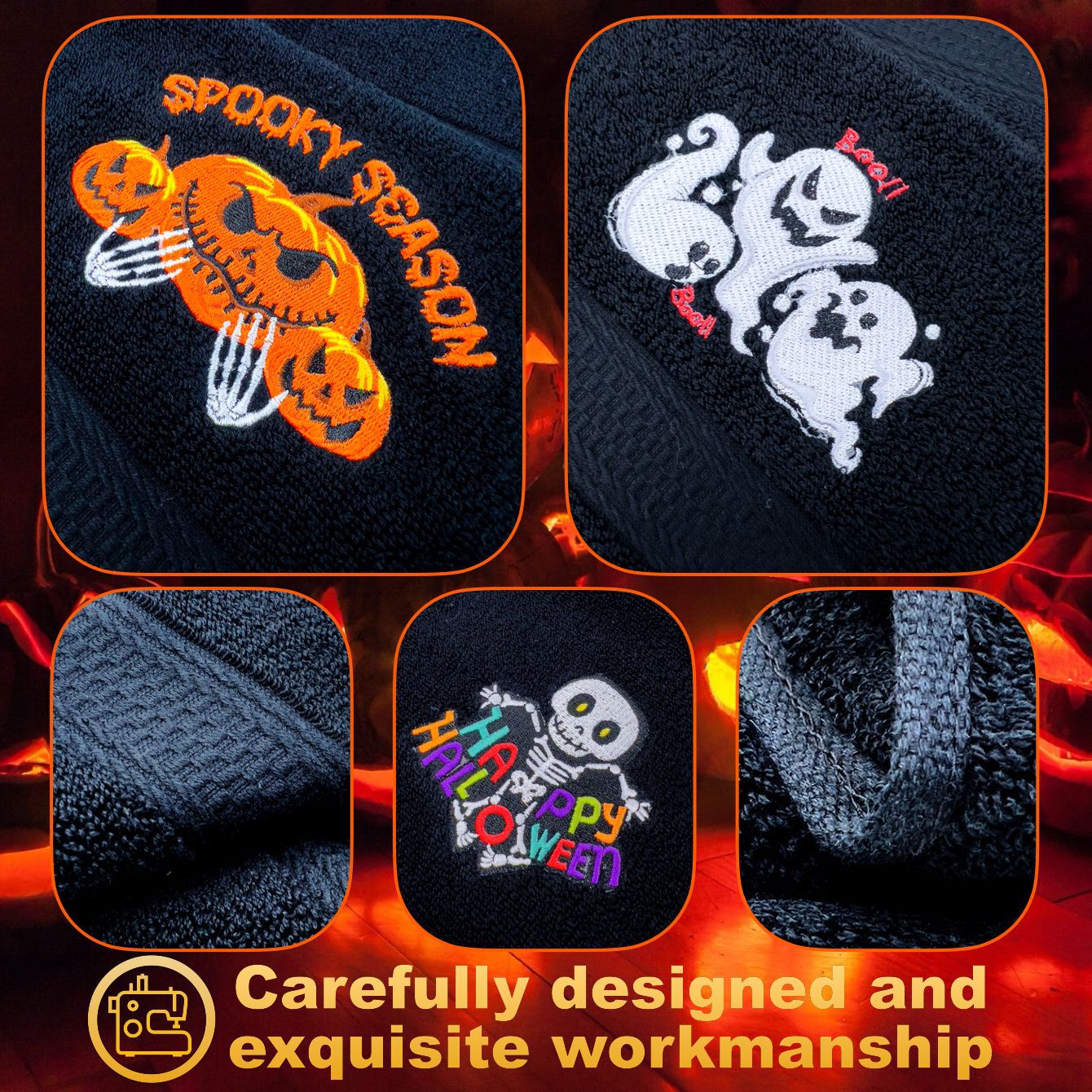 跨境批发纯棉毛巾浴巾四条装 全棉吸水刺绣万圣节圣诞节新年礼物详情15