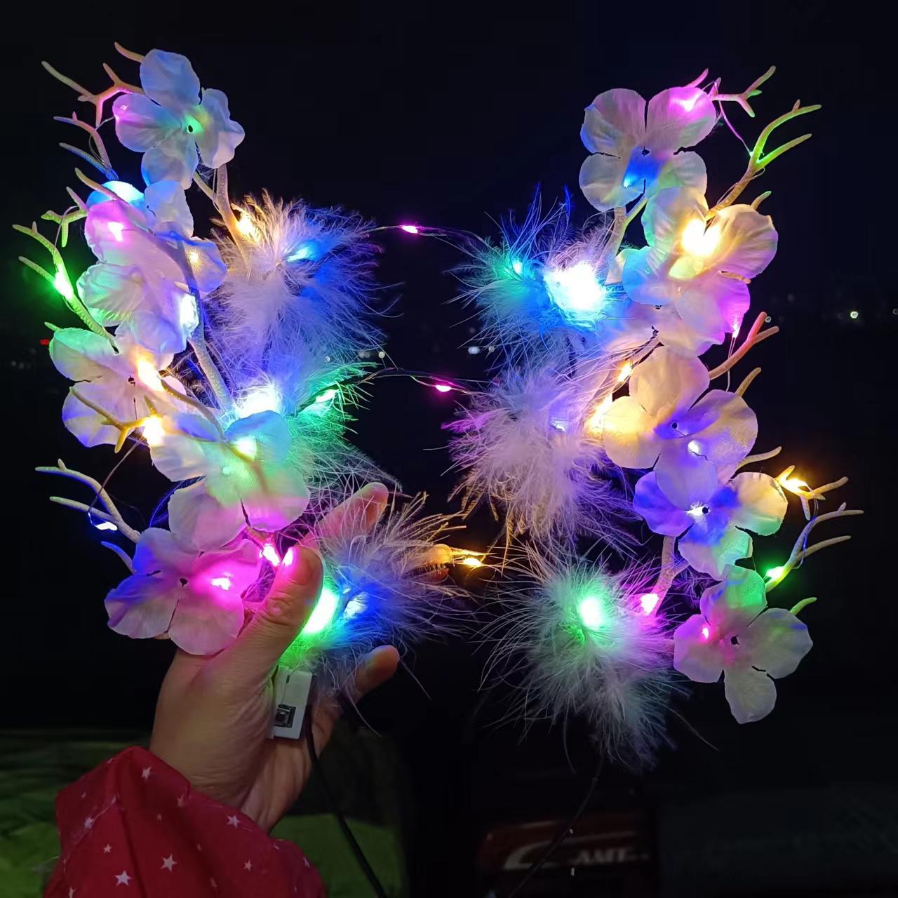 新款发光大鹿角发箍梅花羽毛麋鹿发饰圣诞节花仙子拍照装扮头饰详情4