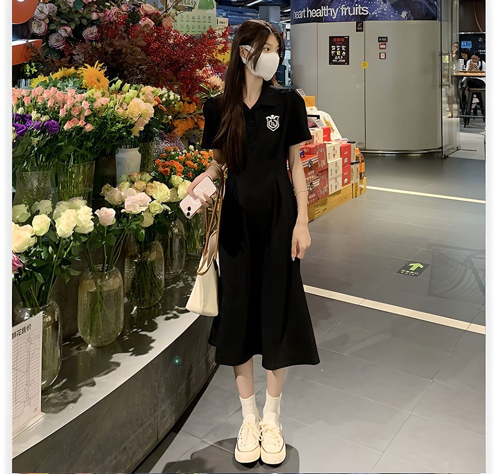 夏季POLO领短袖连衣裙女收腰显瘦过膝长裙学院风中长款休闲A字裙详情15