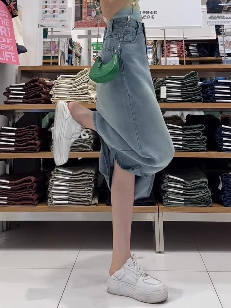 Pear-shaped figure, blue tencel denim skirt for women in summer, thin, large-sized, high-waisted, slimming, mid-length A-line skirt pic 9