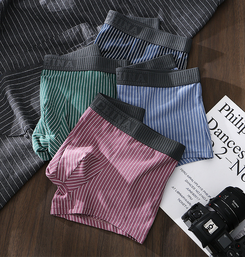 男士条纹内裤宽松男平角裤透气棉潮流男生短裤男式四角运动裤头详情11