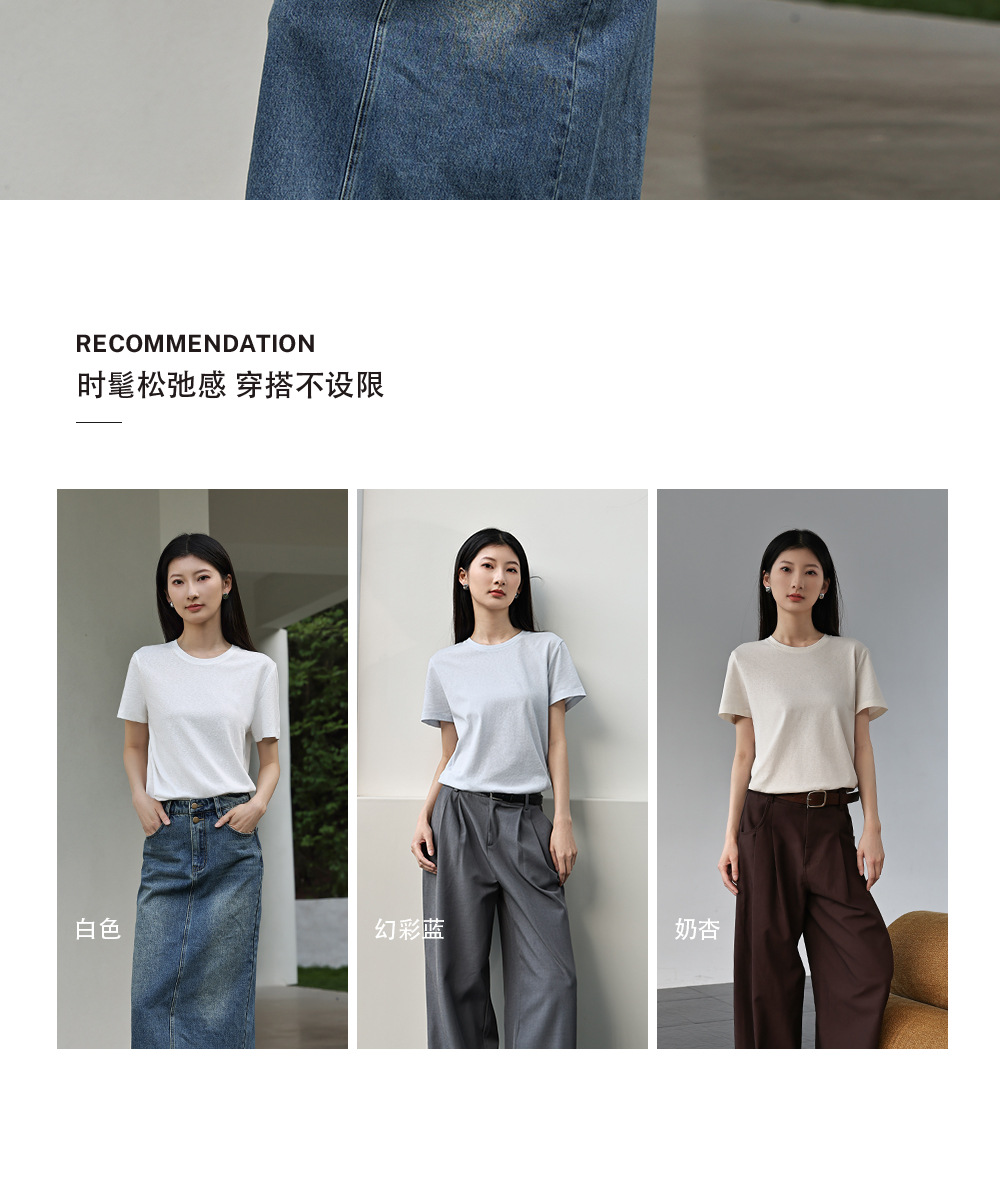 纯色棉亚麻圆领T恤女式春夏季薄款宽松上衣正肩显瘦套头休闲短袖详情2