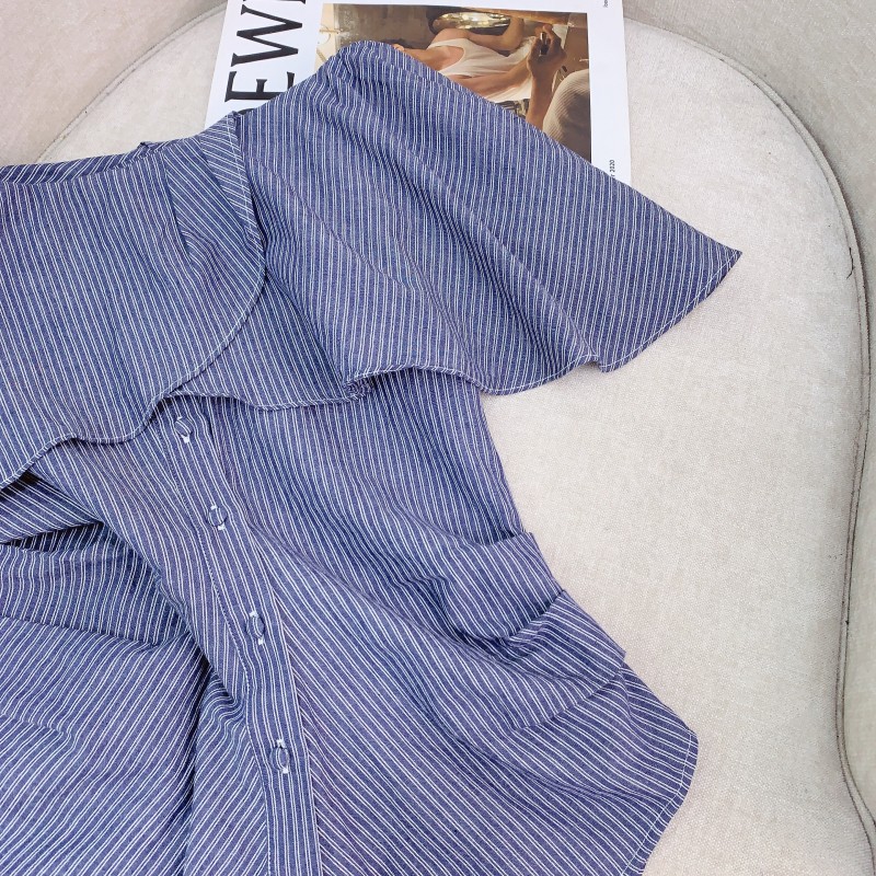 现货UNSP一字肩花边条纹短袖衬衫女2025夏季新款气质收腰显瘦上衣详情12