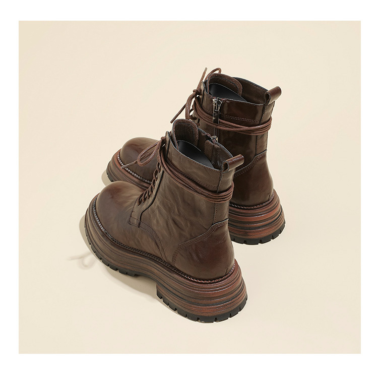 英伦复古系带厚底马丁靴秋冬季单靴精致手抓纹粗跟短靴女机车靴子详情36