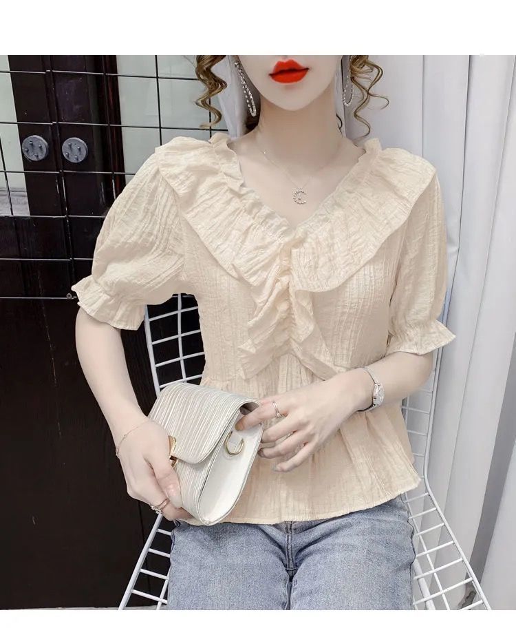 Summer new French V-neck bubble short-sleeved shirt for women, slimming, fashionable and elegant casual top for women chiffon pic 5