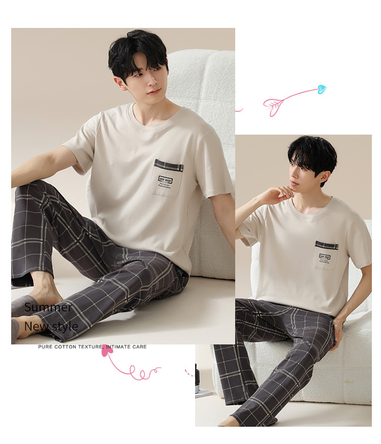 Summer pure cotton pajamas for men, cartoon casual short-sleeved shirts and long pants, pure cotton comfortable home wear, summer youth student set pic 20