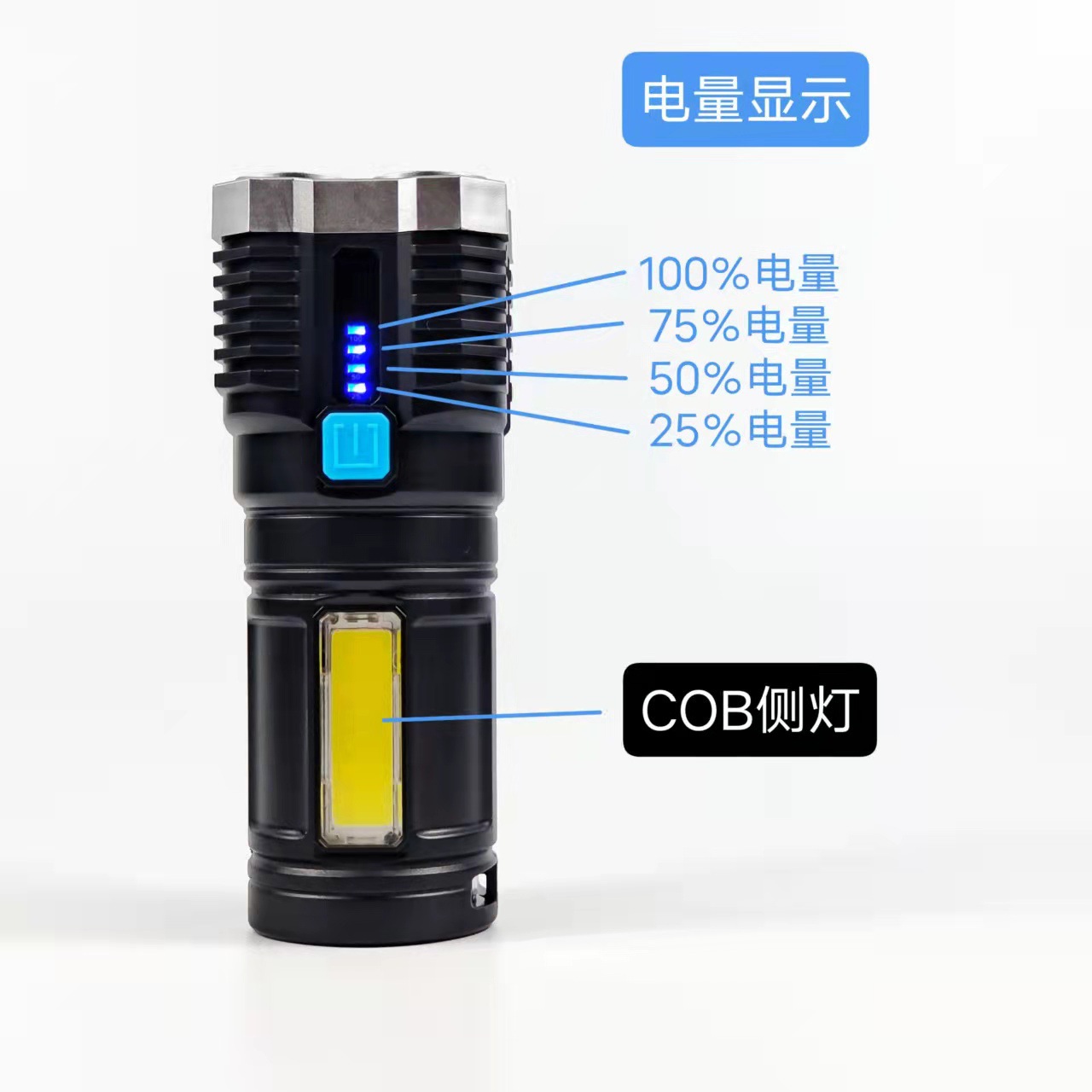 Wholesale of multi-functional outdoor LED high-intensity flashlight with battery level display, USB charging, COB side light flashlight pic 3