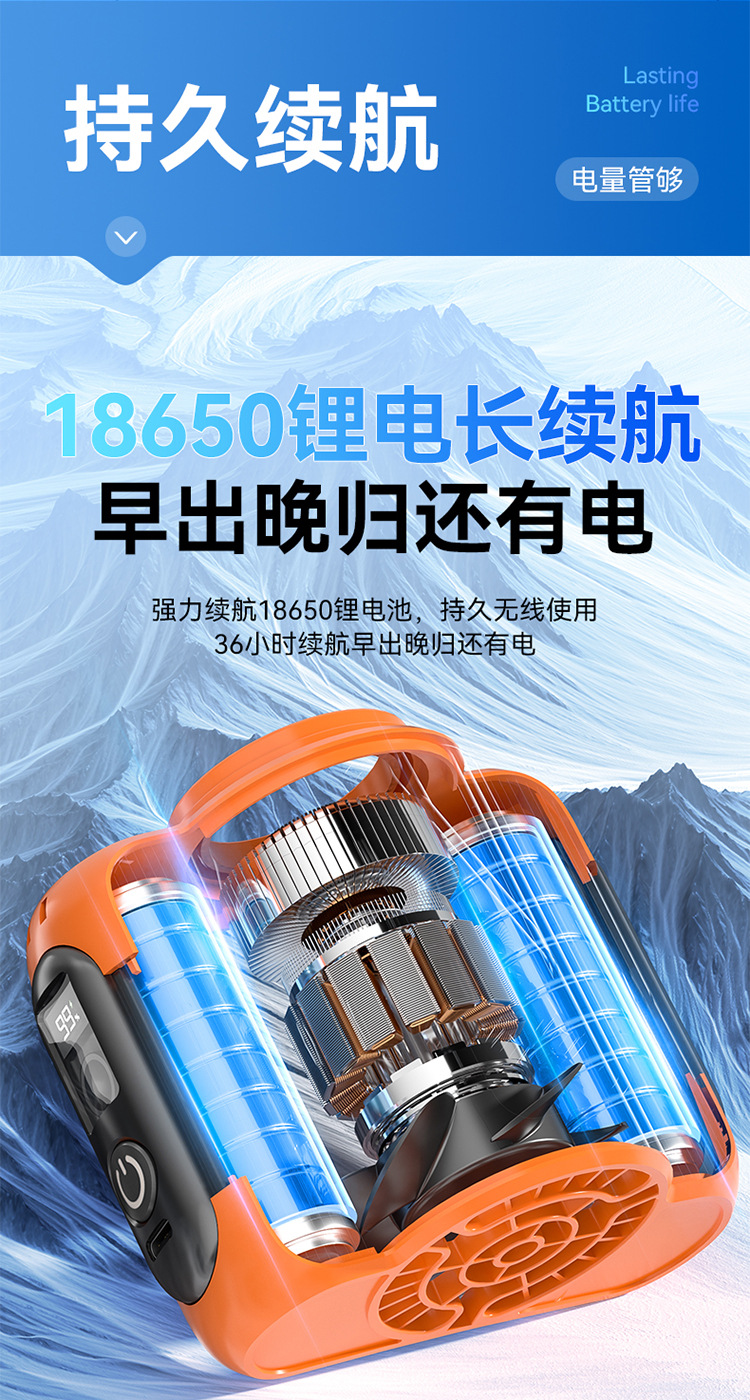 跨境多功能挂腰风扇无极调速轻音超长续航挂脖户外便携手电筒风扇M141 pic 12
