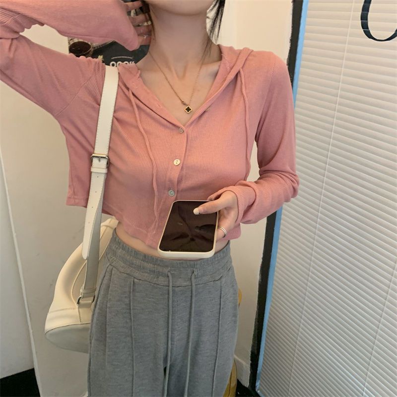 软糯连帽长袖开衫短外套女2023新款秋季懒惰风修身短款打底衫上衣详情26