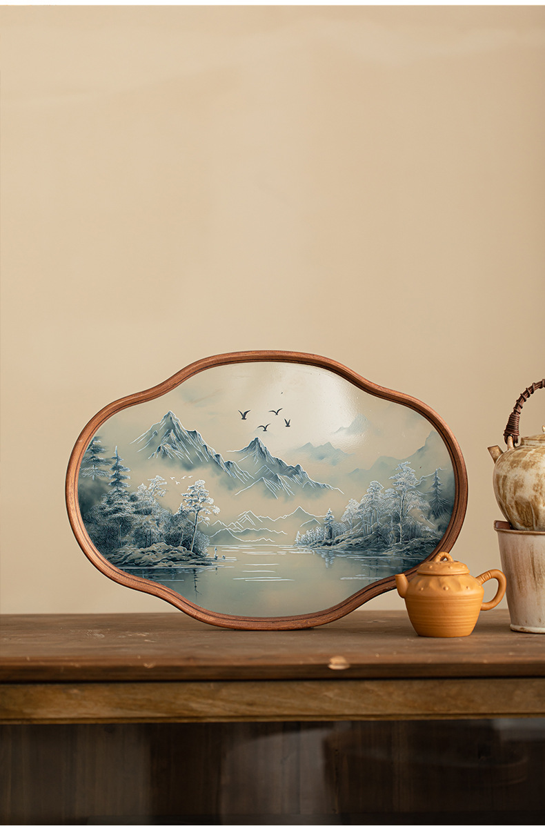 国潮山水玻璃托盘壶承茶盘家用新中式复古山水水墨风海棠花型详情19